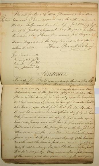 (MASSACHUSETTS.) Flagg, Josiah. Records of criminal cases notebook kept by a justice of the peace in Worcester County.